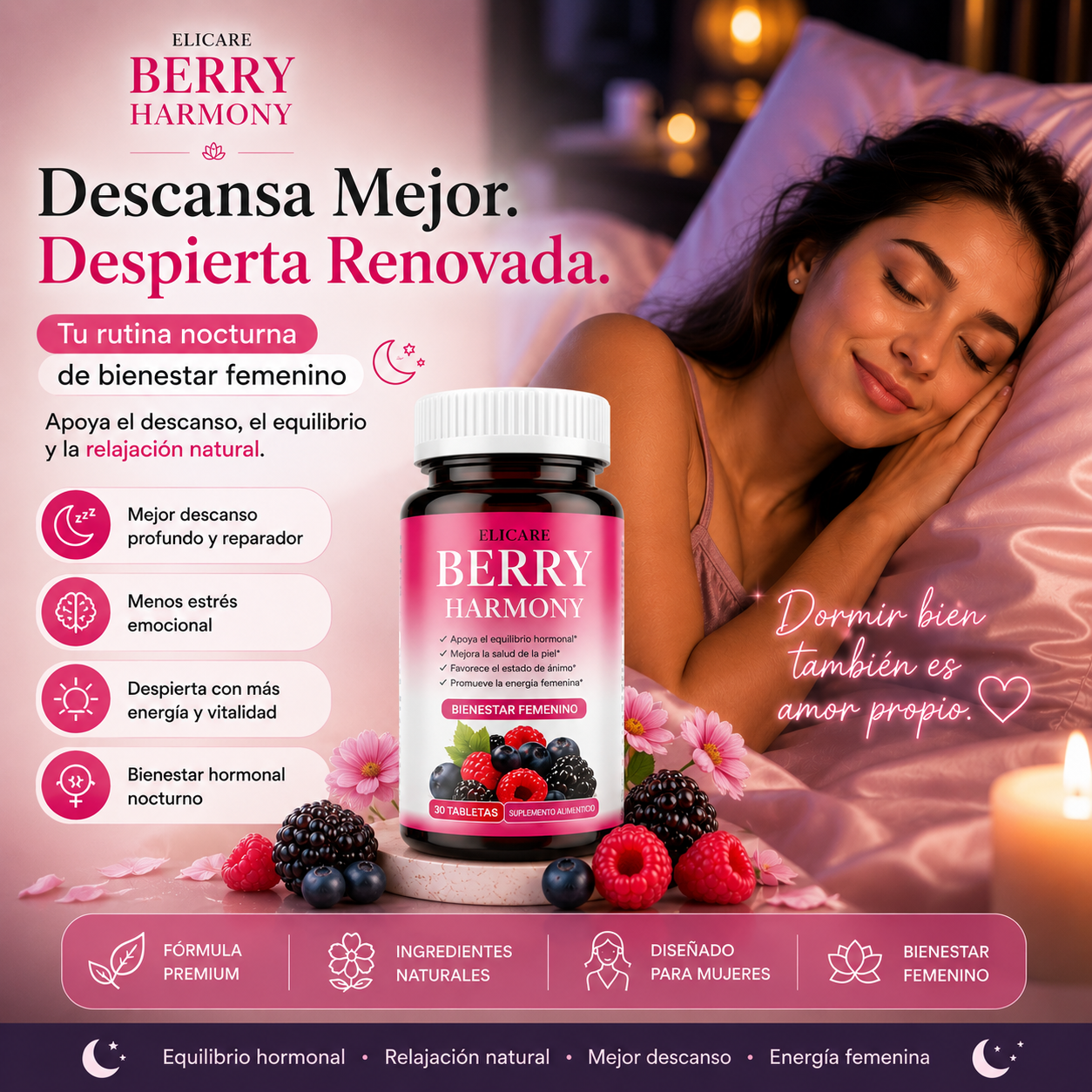 SUPLEMENTO HORMONAL BERRY HARMONY PARA LA SALUD FEMENINA (30 COMPRIMIDOS)