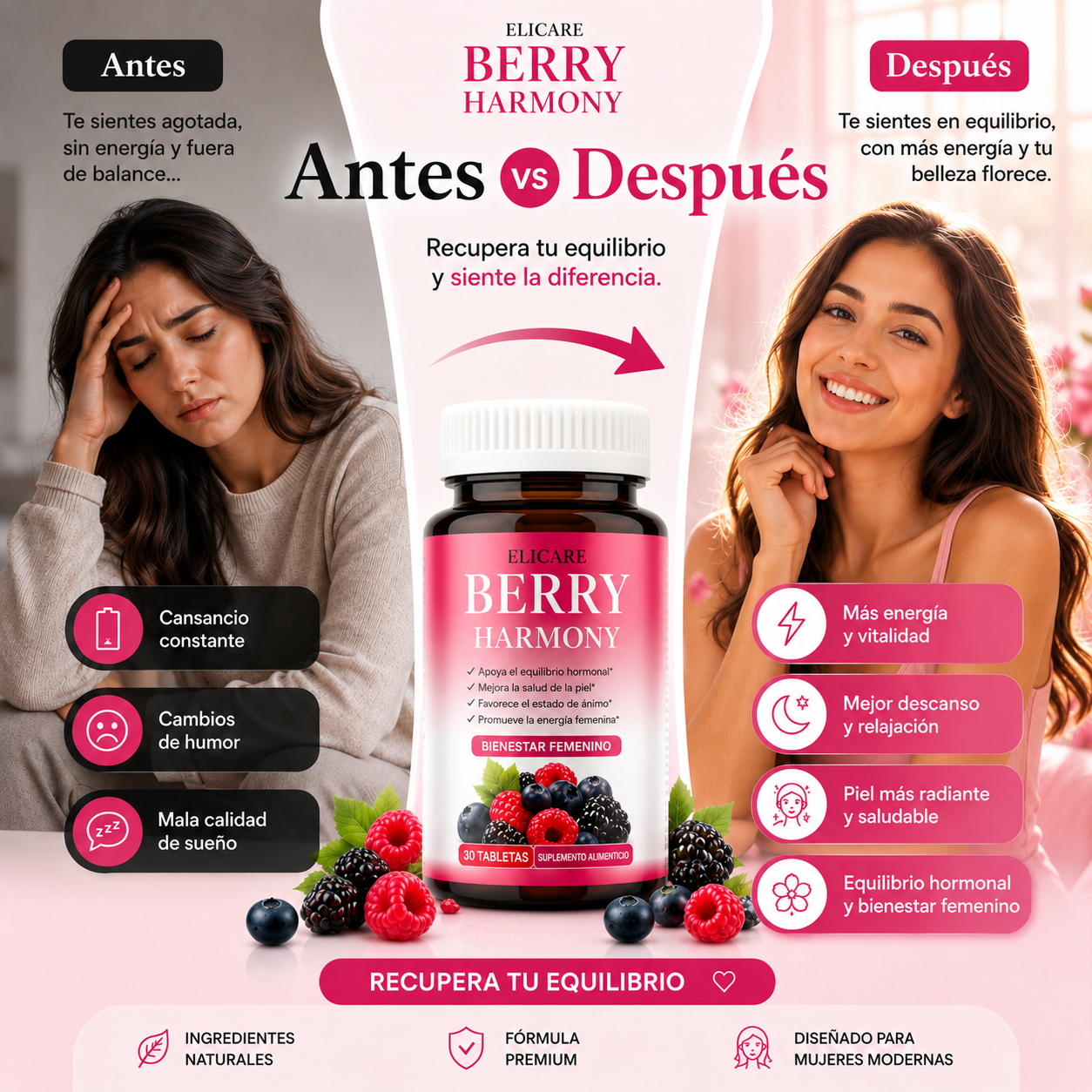 SUPLEMENTO HORMONAL BERRY HARMONY PARA LA SALUD FEMENINA (30 COMPRIMIDOS)