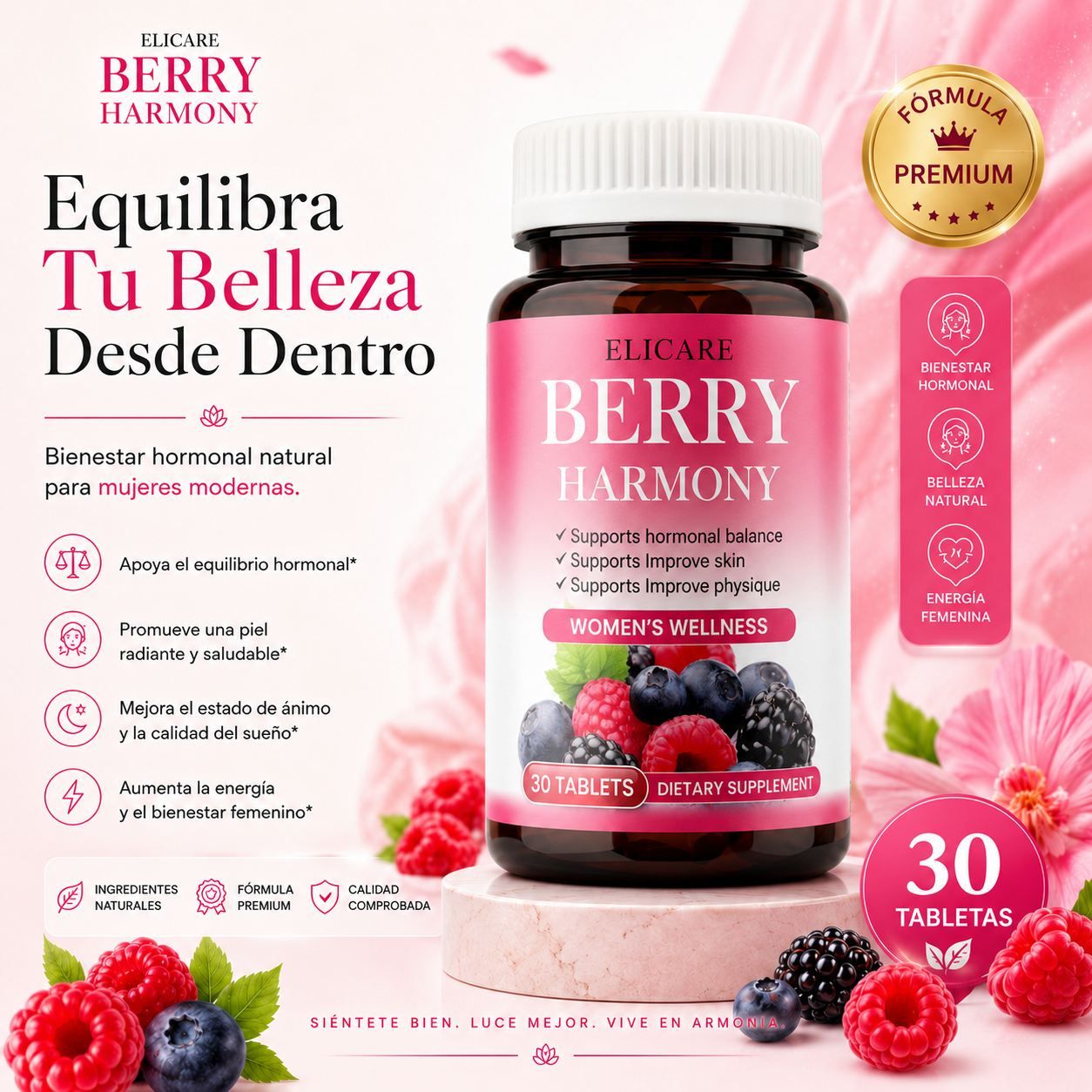 SUPLEMENTO HORMONAL BERRY HARMONY PARA LA SALUD FEMENINA (30 COMPRIMIDOS)